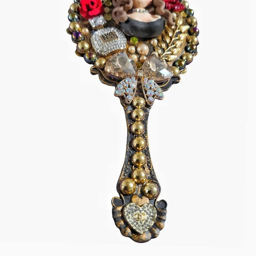 Handheld Beauty Makeup Mirror Clay Doll Bling Embellished Decorated Gold Black